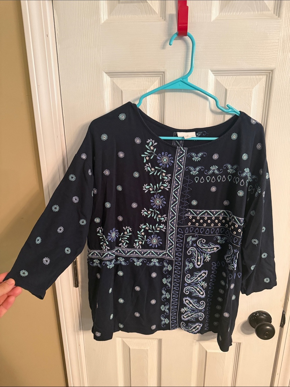 J. Jill Navy Top with Blue & Teal Embroidery
